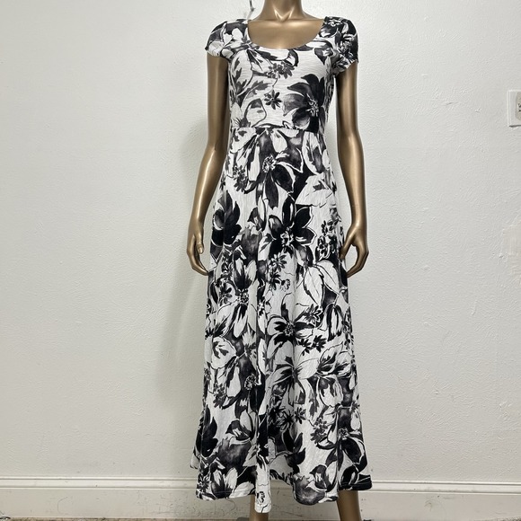 Talbots Dresses & Skirts - Talbots Black White Floral Maxi Dress Empire Waist Cap Sleeve Jersey Knit Size S